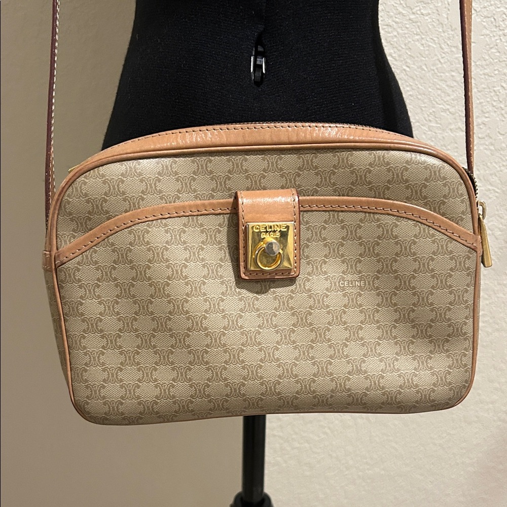 Celine Beige Monogram Crossbody with Tan Trim and Gold Hardware